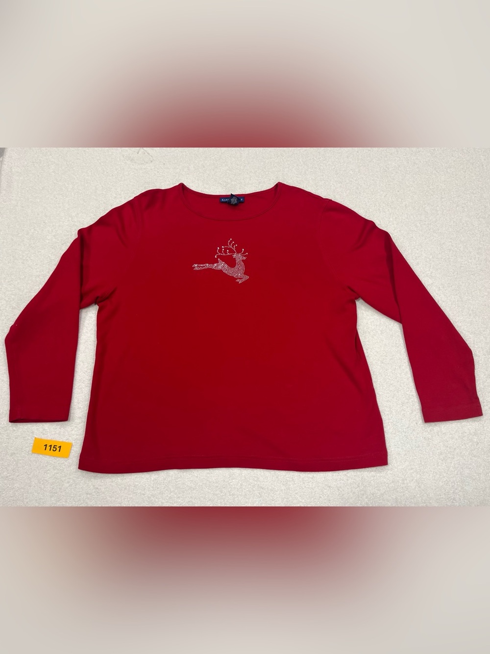 Karen Scott Red Long Sleeve Shirt with Rhinestone Reindeer
